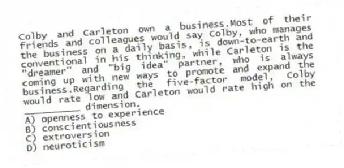 Colby and Carleton own a business.Most of their friends and colleagues would say Colby, who manages the business on a daily basis, is down-to-earth and conventional in his thinking, while Carleton is the "dreamer" and "big idea" partner, who is always coming up with new ways to promote and expand the business.Regarding the five-factor model, Colby would rate low and Carleton would rate high on the __________ dimension.
A) openness to experience
B) conscientiousness
C) extroversion
D) neuroticism