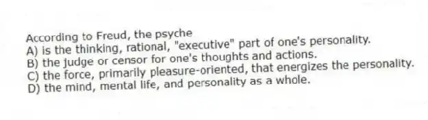 According to Freud, the psyche
A) is the thinking, rational, "executive" part of one's personality.
B) the judge or censor for one's thoughts and actions.
C) the force, primarily pleasure-oriented, that energizes the personality.
D) the mind, mental life, and personality as a whole.
