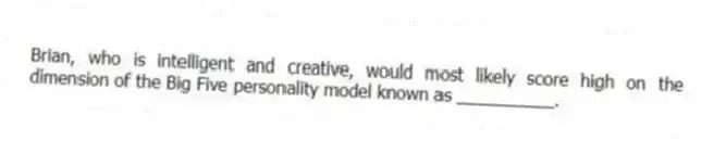 Brian, who is intelligent and creative, would most likely score high on the dimension of the Big Five personality model known as __________.