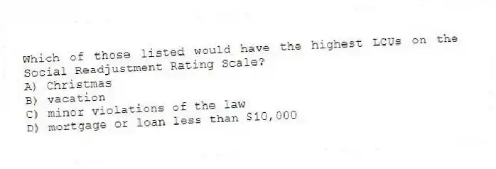 Which of those listed would have the highest LCUs on the Social Readjustment Rating Scale?
A) Christmas
B) vacation
C) minor violations of the law
D) mortgage or loan less than $10,000