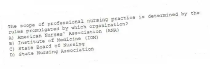 The scope of professional nursing practice is determined by the rules promulgated by which organization?
A) American Nurses' Association (ANA)
B) Institute of Medicine (IOM)
C) State Board of Nursing
D) State Nursing Association