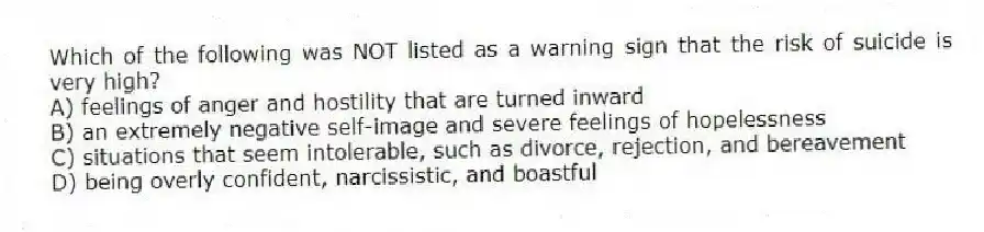 Which of the following was NOT listed as a warning sign that the risk of suicide is very high?
A) feelings of anger and hostility that are turned inward
B) an extremely negative self-image and severe feelings of hopelessness
C) situations that seem intolerable, such as divorce, rejection, and bereavement
D) being overly confident, narcissistic, and boastful