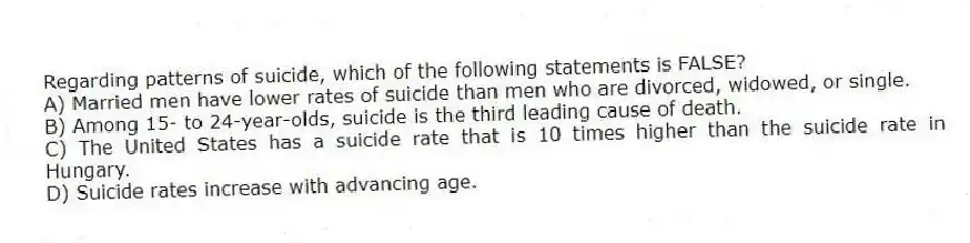 Regarding patterns of suicide, which of the following statements is FALSE?
A) Married men have lower rates of suicide than men who are divorced, widowed, or single.
B) Among 15- to 24-year-olds, suicide is the third leading cause of death.
C) The United States has a suicide rate that is 10 times higher than the suicide rate in Hungary.
D) Suicide rates increase with advancing age.