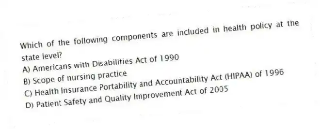 Which of the following components are included in health policy at the state level?
A) Americans with Disabilities Act of 1990
B) Scope of nursing practice
C) Health Insurance Portability and Accountability Act (HIPAA) of 1996
D) Patient Safety and Quality Improvement Act of 2005