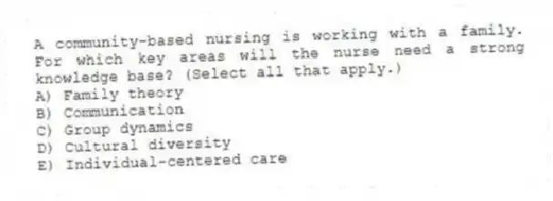 A community-based nursing is working with a family. For which key areas will the nurse need a strong knowledge base? (Select all that apply.)
A) Family theory
B) Communication
C) Group dynamics
D) Cultural diversity
E) Individual-centered care