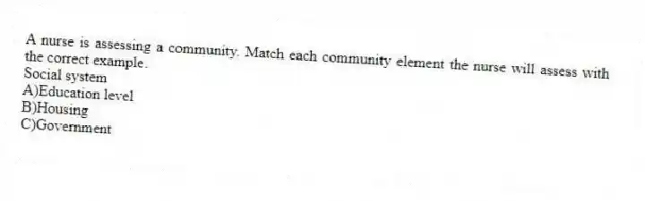 A nurse is assessing a community. Match each community element the nurse will assess with the correct example.
-Social system
A)Education level
B)Housing
C)Government