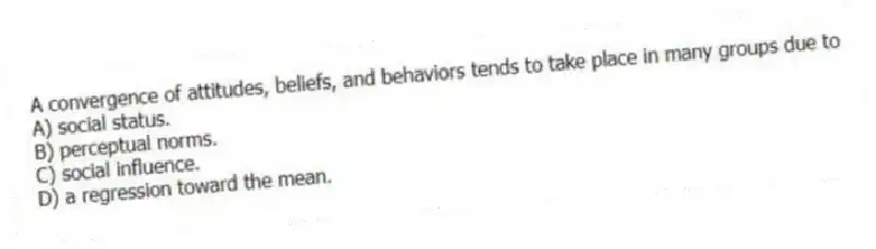 A convergence of attitudes, beliefs, and behaviors tends to take place in many groups due to
A) social status.
B) perceptual norms.
C) social influence.
D) a regression toward the mean.