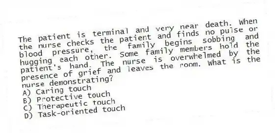 The patient is terminal and very near death. When the nurse checks the patient and finds no pulse or blood pressure, the family begins sobbing and hugging each other. Some family members hold the patient's hand. The nurse is overwhelmed by the presence of grief and leaves the room. What is the nurse demonstrating?
A) Caring touch
B) Protective touch
C) Therapeutic touch
D) Task-oriented touch