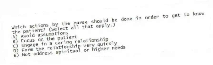 Which actions by the nurse should be done in order to get to know the patient? (Select all that apply.)
A) Avoid assumptions
B) Focus on the patient
C) Engage in a caring relationship
D) Form the relationship very quickly
E) Not address spiritual or higher needs