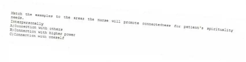 Match the examples to the areas the nurse will promote connectedness for patient's spirituality needs.
-Interpersonally
A)Connection with others
B)Connection with higher power
C)Connection with oneself