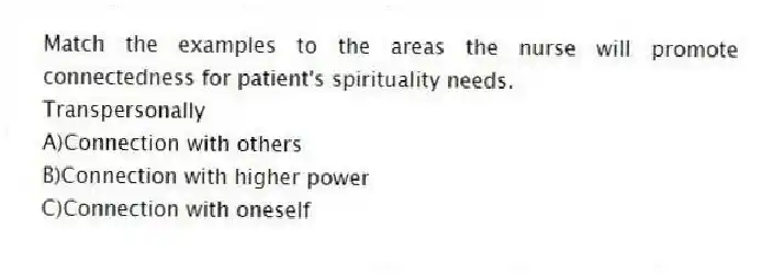 Match the examples to the areas the nurse will promote connectedness for patient's spirituality needs.
-Transpersonally
A)Connection with others
B)Connection with higher power
C)Connection with oneself