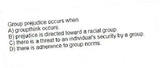 Group prejudice occurs when
A) groupthink occurs.
B) prejudice is directed toward a racial group.
C) there is a threat to an individual's security by a group.
D) there is adherence to group norms.