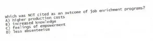 Which was NOT cited as an outcome of job enrichment programs?
A) higher production costs
B) increased knowledge
C) feelings of empowerment
D) less absenteeism