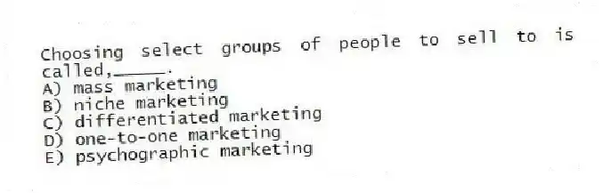 Choosing select groups of people to sell to is called,_____.
A) mass marketing
B) niche marketing
C) differentiated marketing
D) one-to-one marketing
E) psychographic marketing