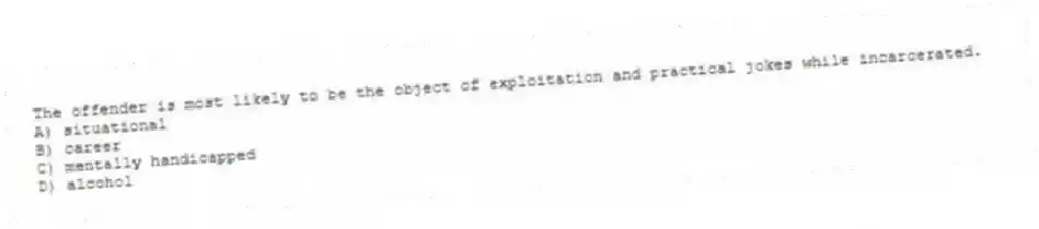The offender is most likely to be the object of exploitation and practical jokes while incarcerated.
A) situational
B) career
C) mentally handicapped
D) alcohol