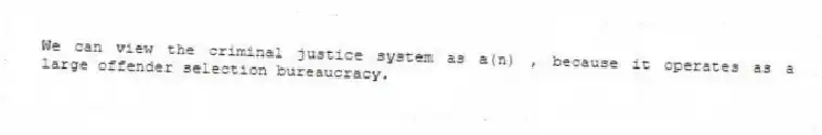 We can view the criminal justice system as a(n) , because it operates as a large offender selection bureaucracy.