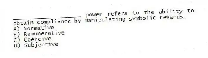 ____________________ power refers to the ability to obtain compliance by manipulating symbolic rewards.
A) Normative
B) Remunerative
C) Coercive
D) Subjective