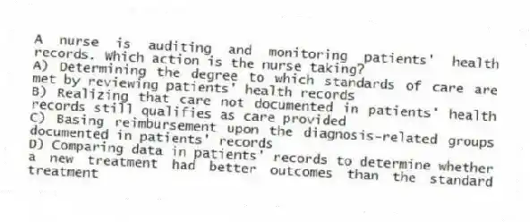 A nurse is auditing and monitoring patients' health records. Which action is the nurse taking?
A) Determining the degree to which standards of care are met by reviewing patients' health records
B) Realizing that care not documented in patients' health records still qualifies as care provided
C) Basing reimbursement upon the diagnosis-related groups documented in patients' records
D) Comparing data in patients' records to determine whether a new treatment had better outcomes than the standard treatment