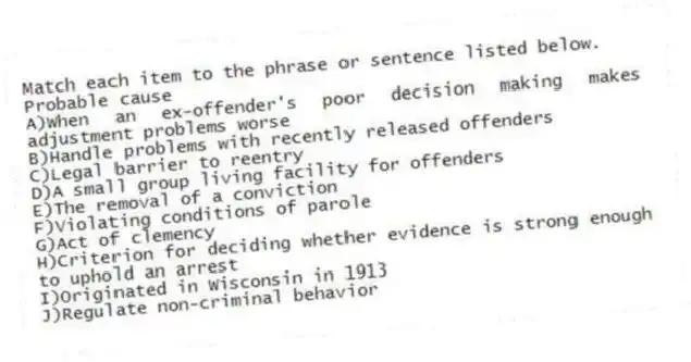 Match each item to the phrase or sentence listed below.
-Probable cause
A)When an ex-offender's poor decision making makes adjustment problems worse
B)Handle problems with recently released offenders
C)Legal barrier to reentry
D)A small group living facility for offenders
E)The removal of a conviction
F)Violating conditions of parole
G)Act of clemency
H)Criterion for deciding whether evidence is strong enough to uphold an arrest
I)Originated in Wisconsin in 1913
J)Regulate non-criminal behavior