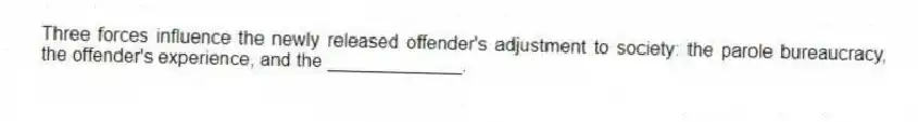 Three forces influence the newly released offender's adjustment to society: the parole bureaucracy, the offender's experience, and the _____________.
