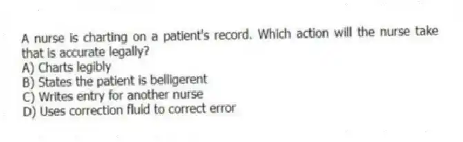 A nurse is charting on a patient's record. Which action will the nurse take that is accurate legally?
A) Charts legibly
B) States the patient is belligerent
C) Writes entry for another nurse
D) Uses correction fluid to correct error