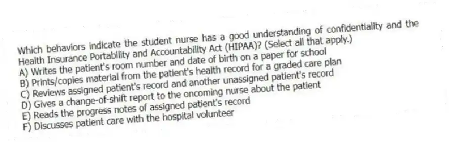 Which behaviors indicate the student nurse has a good understanding of confidentiality and the Health Insurance Portability and Accountability Act (HIPAA)? (Select all that apply.)
A) Writes the patient's room number and date of birth on a paper for school
B) Prints/copies material from the patient's health record for a graded care plan
C) Reviews assigned patient's record and another unassigned patient's record
D) Gives a change-of-shift report to the oncoming nurse about the patient
E) Reads the progress notes of assigned patient's record
F) Discusses patient care with the hospital volunteer