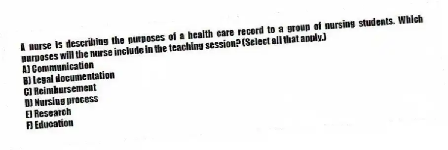 A nurse is describing the purposes of a health care record to a group of nursing students. Which purposes will the nurse include in the teaching session? (Select all that apply.)
A) Communication
B) Legal documentation
C) Reimbursement
D) Nursing process
E) Research
F) Education