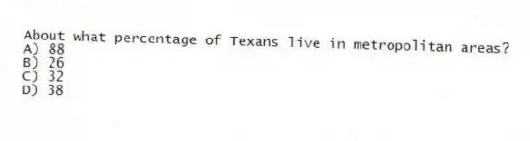 About what percentage of Texans live in metropolitan areas?
A) 88
B) 26
C) 32
D) 38
