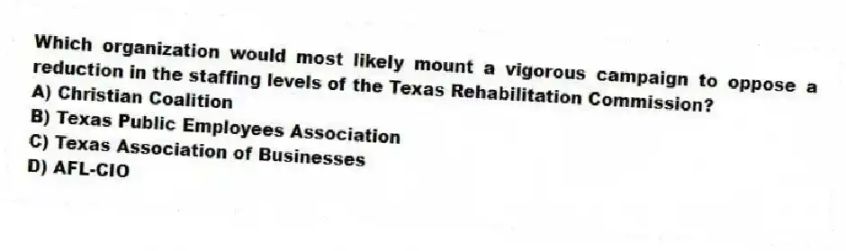 Which organization would most likely mount a vigorous campaign to oppose a reduction in the staffing levels of the Texas Rehabilitation Commission?
A) Christian Coalition
B) Texas Public Employees Association
C) Texas Association of Businesses
D) AFL-CIO