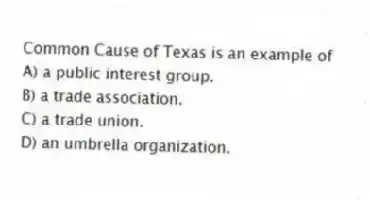 Common Cause of Texas is an example of
A) a public interest group.
B) a trade association.
C) a trade union.
D) an umbrella organization.