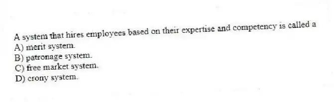 A system that hires employees based on their expertise and competency is called a
A) merit system.
B) patronage system.
C) free market system.
D) crony system.