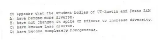 It appears that the student bodies of UT-Austin and Texas A&M
A) have become more diverse.
B) have not changed in spite of efforts to increase diversity.
C) have become less diverse.
D) have become completely homogeneous.