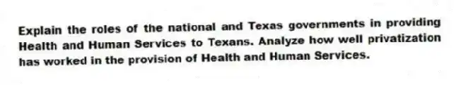 Explain the roles of the national and Texas governments in providing Health and Human Services to Texans. Analyze how well privatization has worked in the provision of Health and Human Services.
