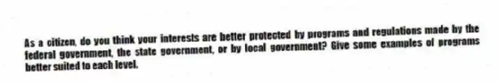 As a citizen, do you think your interests are better protected by programs and regulations made by the federal government, the state government, or by local government? Give some examples of programs better suited to each level.