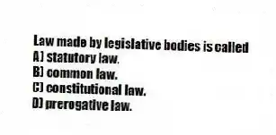 Law made by legislative bodies is called
A) statutory law.
B) common law.
C) constitutional law.
D) prerogative law.
