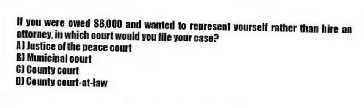 If you were owed $8,000 and wanted to represent yourself rather than hire an attorney, in which court would you file your case?
A) Justice of the peace court
B) Municipal court
C) County court
D) County court-at-law