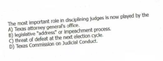 The most important role in disciplining judges is now played by the
A) Texas attorney general's office.
B) legislative "address" or impeachment process.
C) threat of defeat at the next election cycle.
D) Texas Commission on Judicial Conduct.