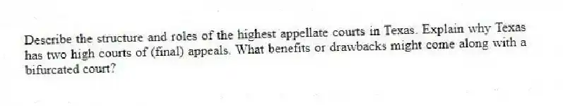 Describe the structure and roles of the highest appellate courts in Texas. Explain why Texas has two high courts of (final) appeals. What benefits or drawbacks might come along with a bifurcated court?