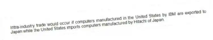 Intra-industry trade would occur if computers manufactured in the United States by IBM are exported to Japan while the United States imports computers manufactured by Hitachi of Japan.