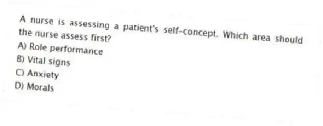 A nurse is assessing a patient's self-concept. Which area should the nurse assess first?
A) Role performance
B) Vital signs
C) Anxiety
D) Morals