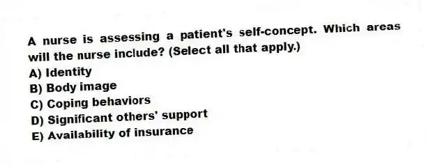 A nurse is assessing a patient's self-concept. Which areas will the nurse include? (Select all that apply.)
A) Identity
B) Body image
C) Coping behaviors
D) Significant others' support
E) Availability of insurance