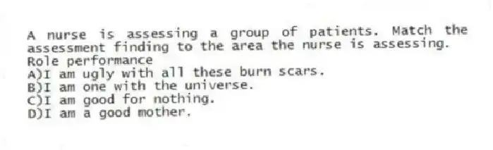 A nurse is assessing a group of patients. Match the assessment finding to the area the nurse is assessing.
-Role performance
A)I am ugly with all these burn scars.
B)I am one with the universe.
C)I am good for nothing.
D)I am a good mother.