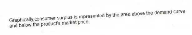 Graphically,consumer surplus is represented by the area above the demand curve and below the product's market price.