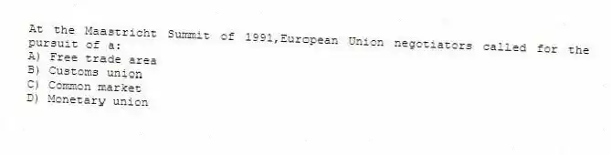 At the Maastricht Summit of 1991,European Union negotiators called for the pursuit of a:
A) Free trade area
B) Customs union
C) Common market
D) Monetary union