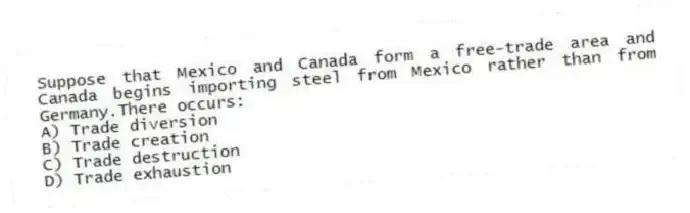 Suppose that Mexico and Canada form a free-trade area and Canada begins importing steel from Mexico rather than from Germany.There occurs:
A) Trade diversion
B) Trade creation
C) Trade destruction
D) Trade exhaustion