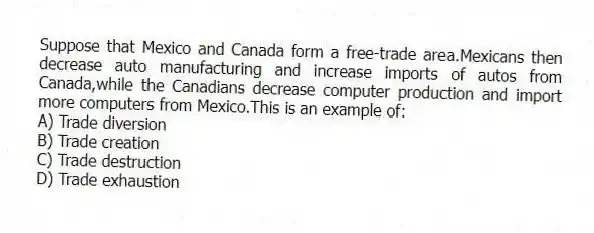 Suppose that Mexico and Canada form a free-trade area.Mexicans then decrease auto manufacturing and increase imports of autos from Canada,while the Canadians decrease computer production and import more computers from Mexico.This is an example of:
A) Trade diversion
B) Trade creation
C) Trade destruction
D) Trade exhaustion