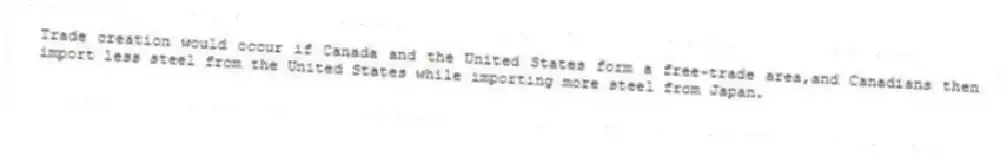 Trade creation would occur if Canada and the United States form a free-trade area,and Canadians then import less steel from the United States while importing more steel from Japan.
