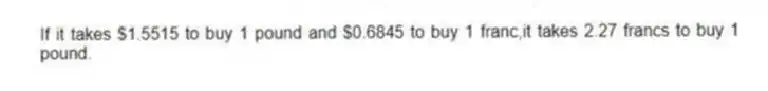 If it takes $1.5515 to buy 1 pound and $0.6845 to buy 1 franc,it takes 2.27 francs to buy 1 pound.