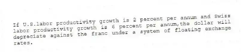 If U.S.labor productivity growth is 2 percent per annum and Swiss labor productivity growth is 6 percent per annum,the dollar will depreciate against the franc under a system of floating exchange rates.