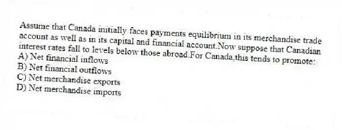 Assume that Canada initially faces payments equilibrium in its merchandise trade account as well as in its capital and financial account.Now suppose that Canadian interest rates fall to levels below those abroad.For Canada,this tends to promote:
A) Net financial inflows
B) Net financial outflows
C) Net merchandise exports
D) Net merchandise imports